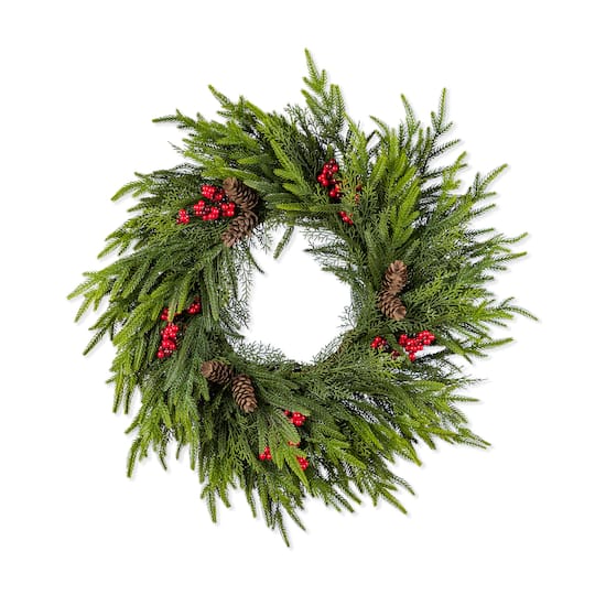 Glitzhome® 24"D Christmas PE Wreath with Pinecones and Red Berries